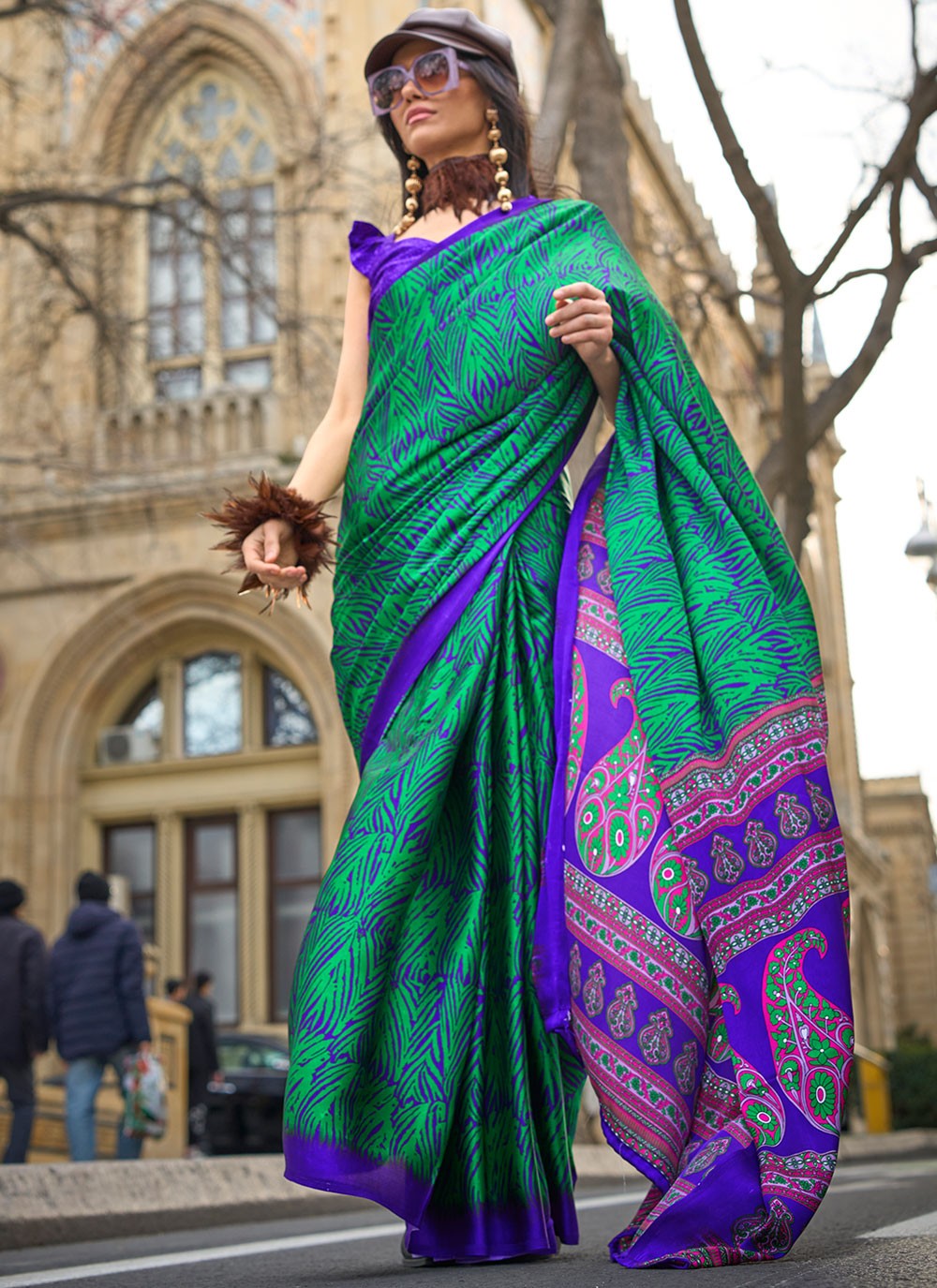Classic Printed Faux Crepe, Satin Saree - S6040