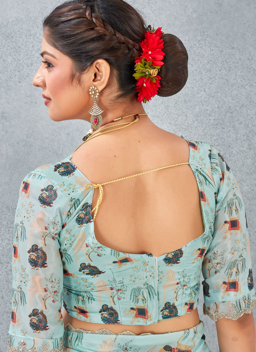 Aqua Blue Satin Silk Classic Saree Digital Print S20214