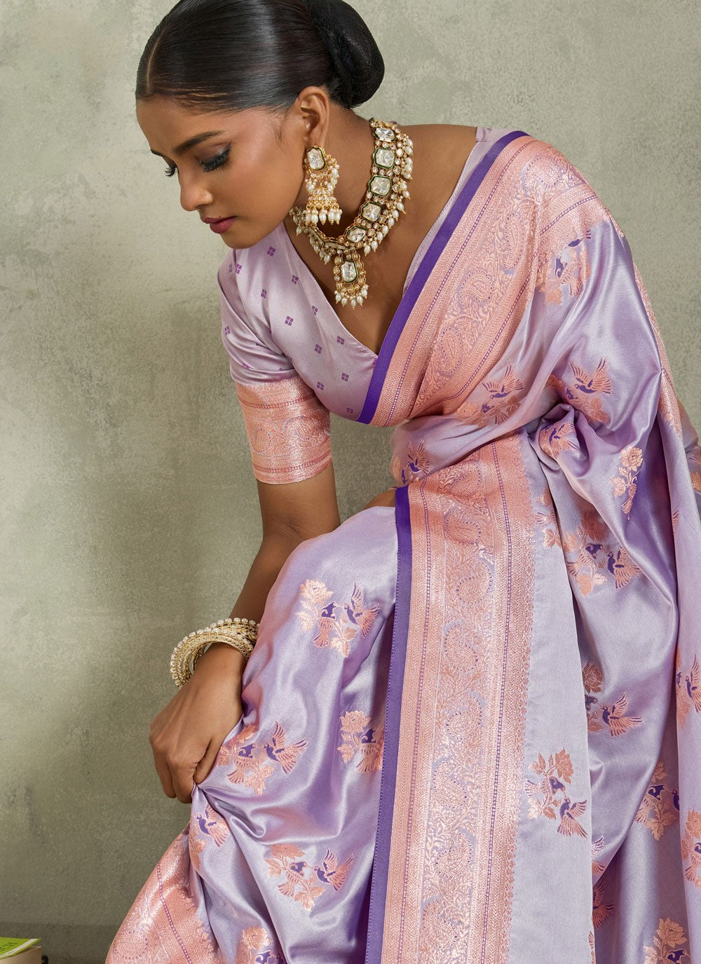 Lavender Satin Silk Trendy Saree Banarasi Jari, Border Work, Meenakari, Woven S19053