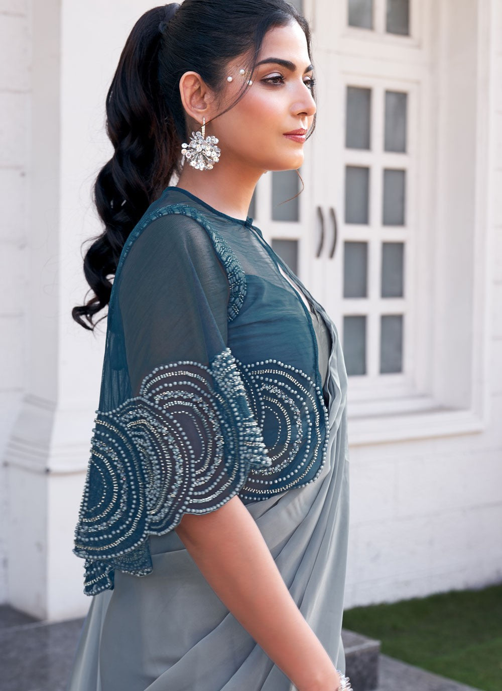 Traditional Beads Blue, Grey Satin Silk Saree S13379