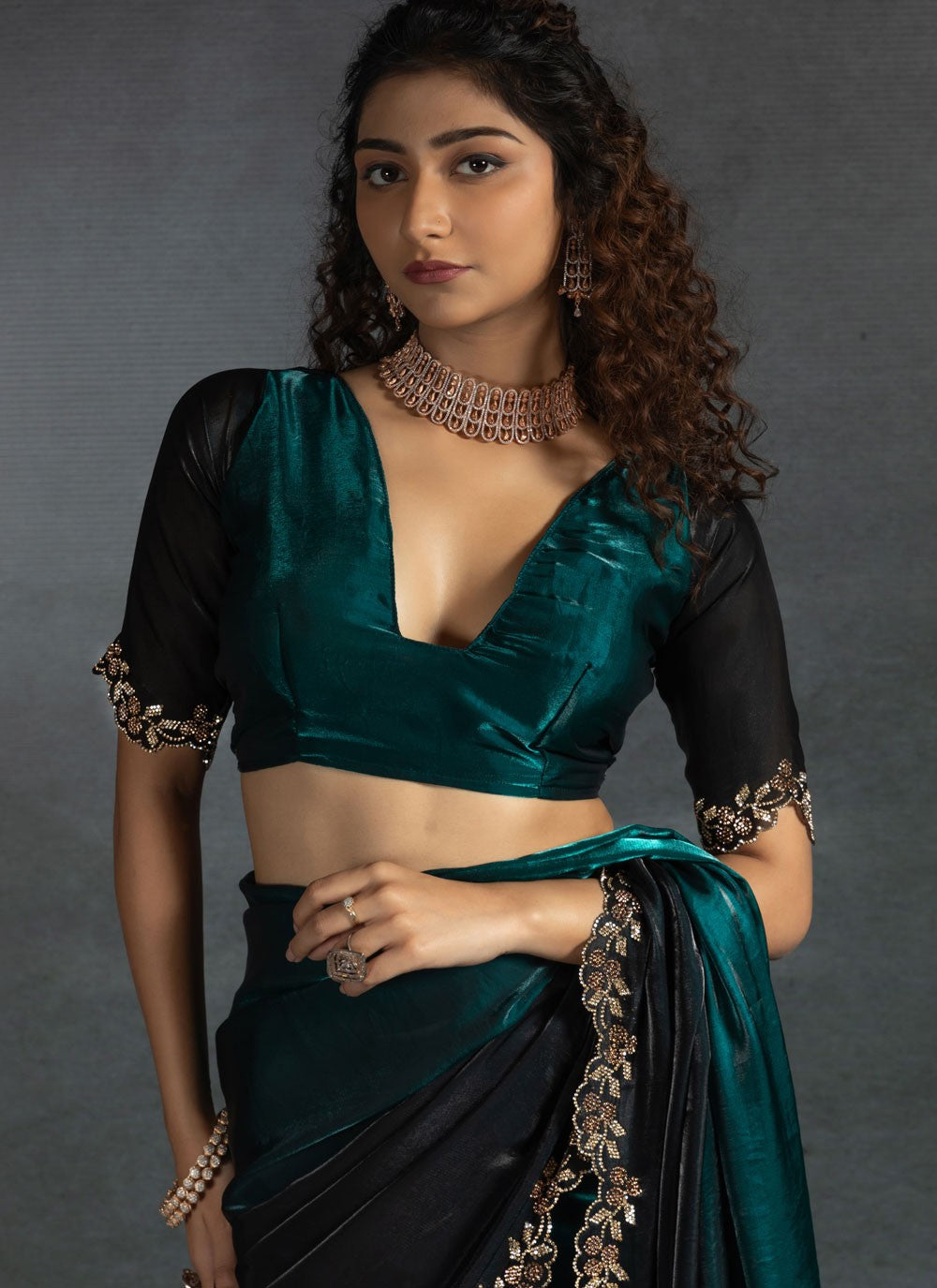 Border Work Satin Silk Teal Saree S14816