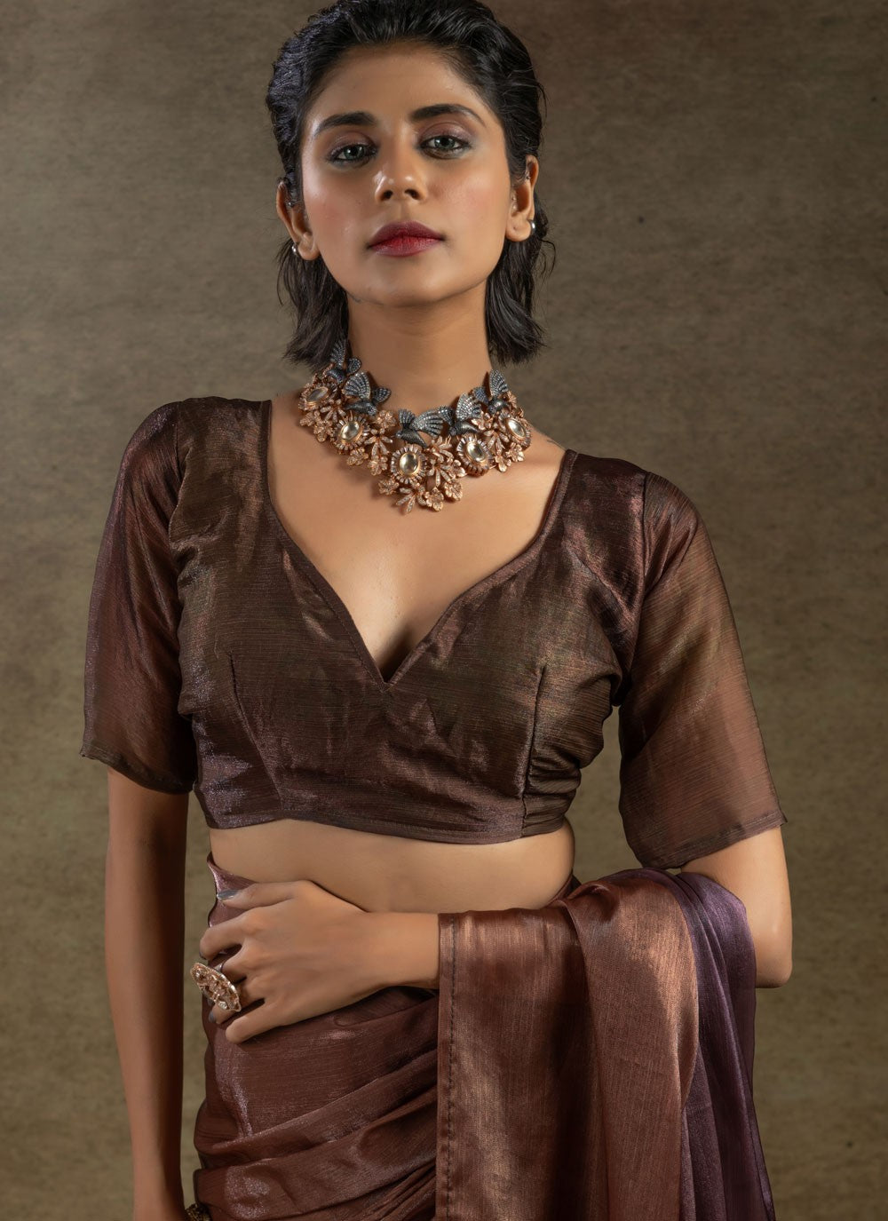 Plain Satin Silk Brown Classic Saree S15490