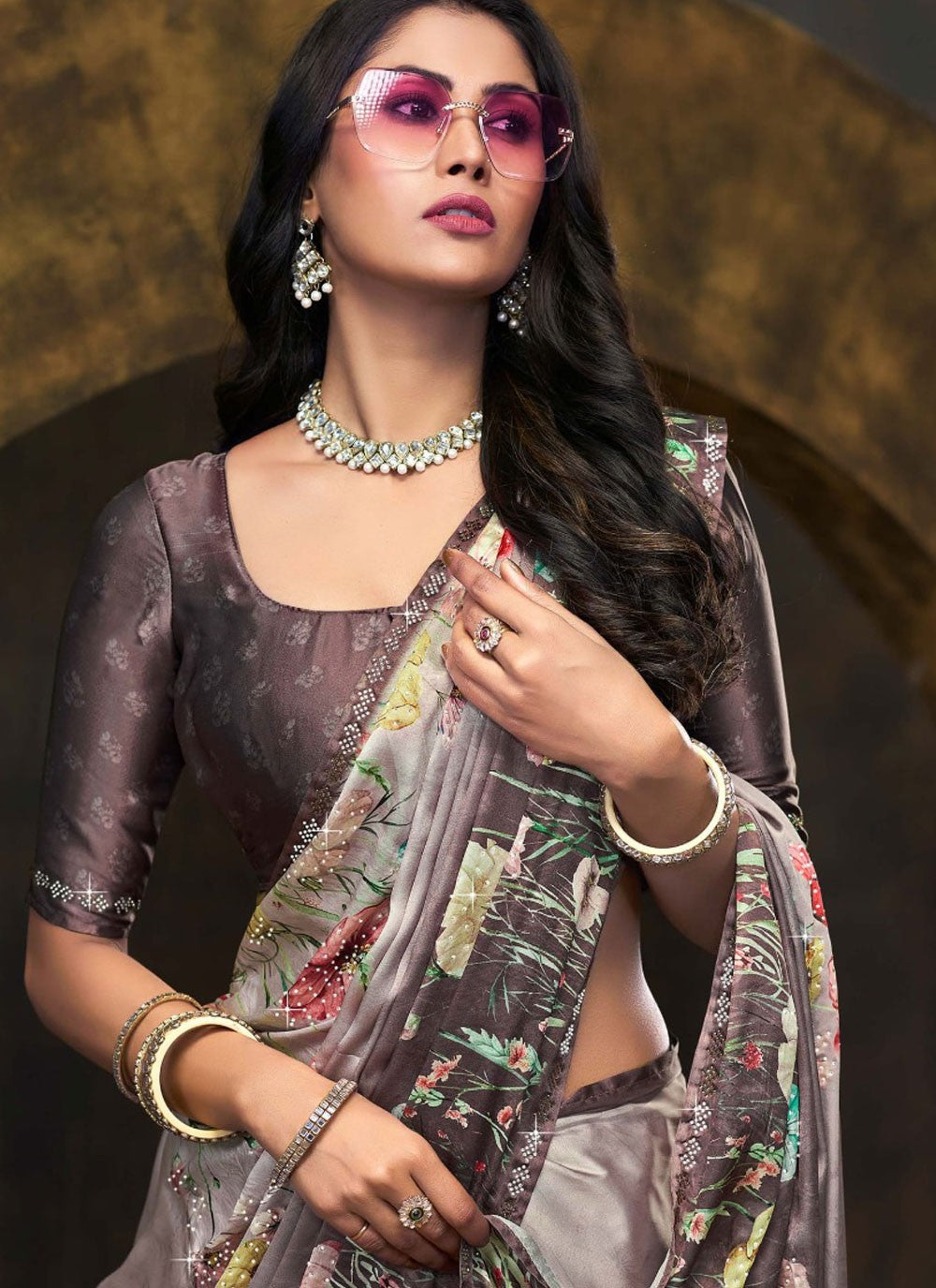 Classic Saree Digital Print Grey Satin Silk Saree S13236