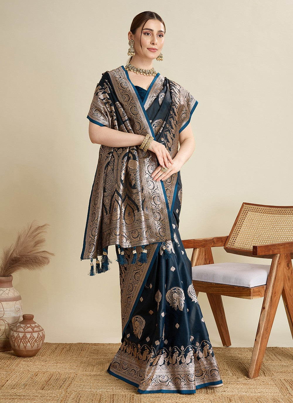 Blue Satin Silk Classic Saree Woven S16818