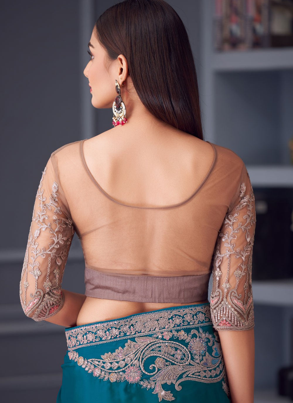 Embroidered Satin Silk Morpeach Saree S14591