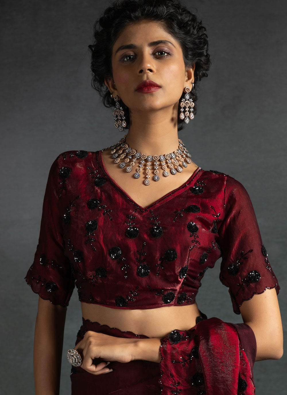 Cut Work Satin Silk Hot Pink Contemporary Saree S14882