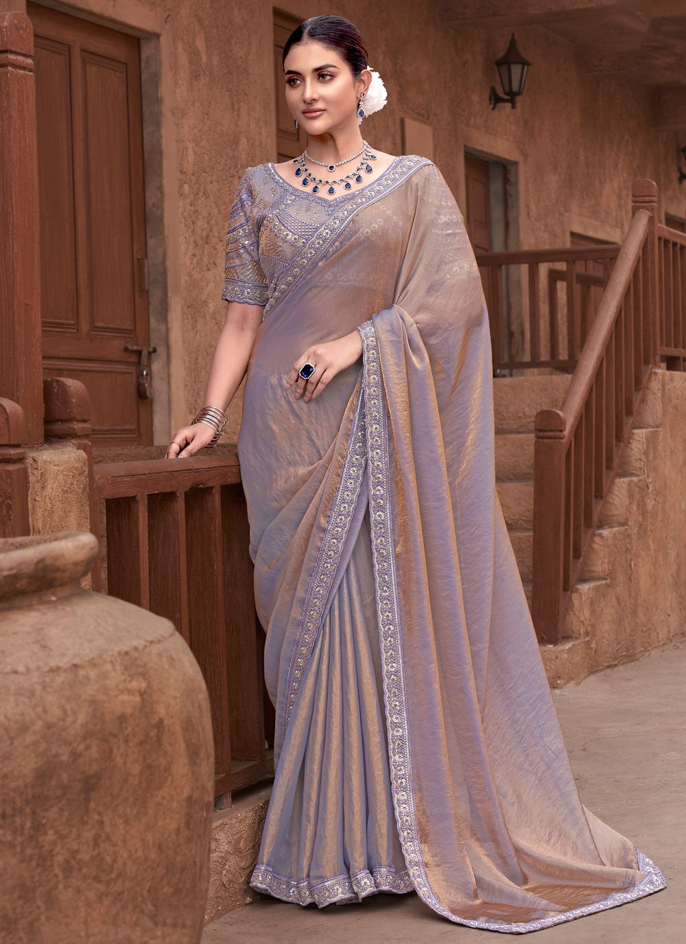 Classic Saree Embroidered Brown Satin Silk Saree S13262