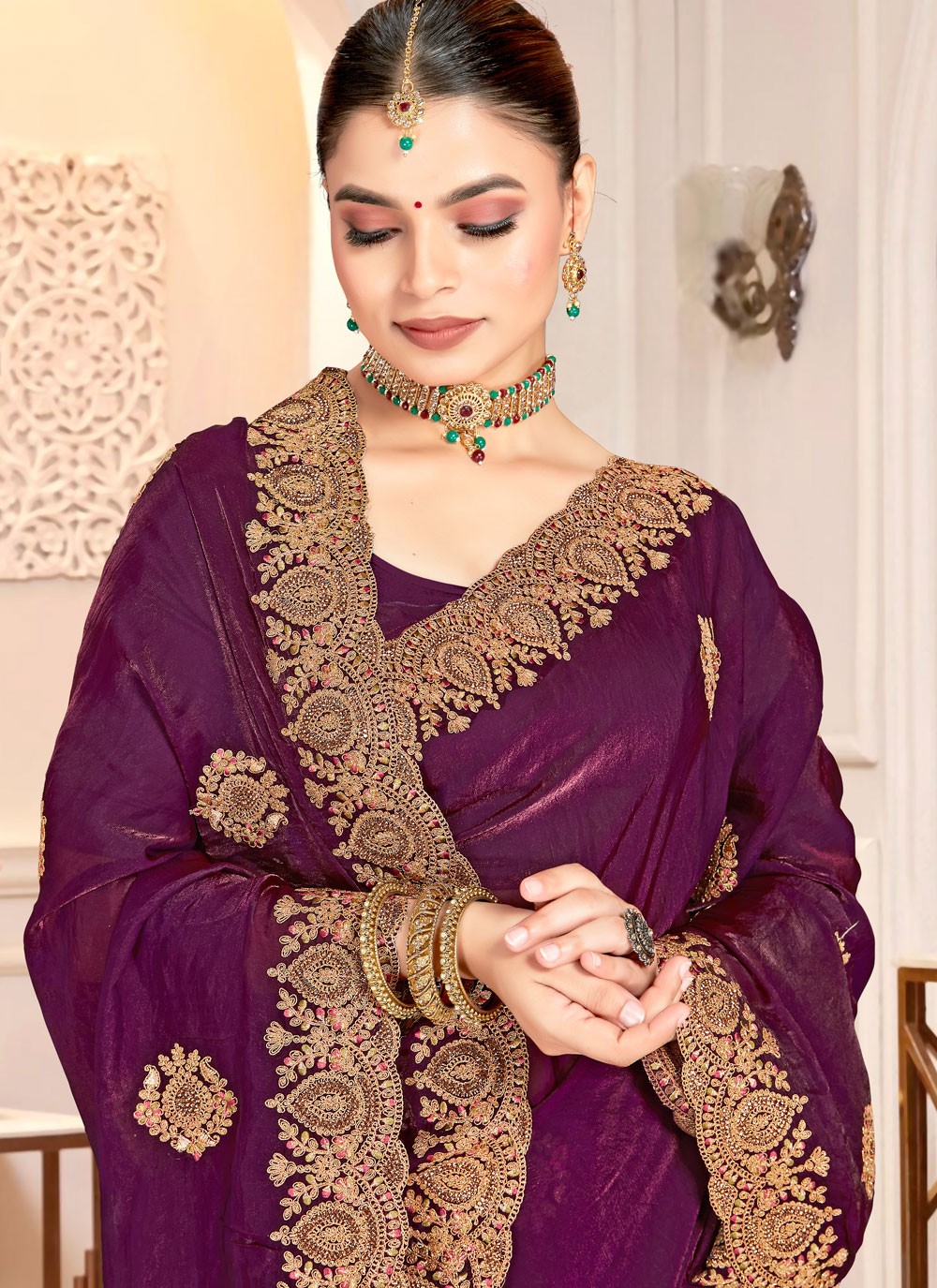 Purple Satin Silk Contemporary Saree Cord, Embroidered S20216