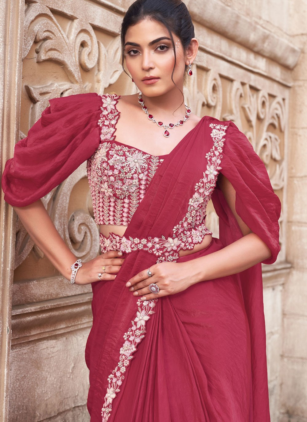 Embroidered Satin Silk Hot Pink Saree S14523
