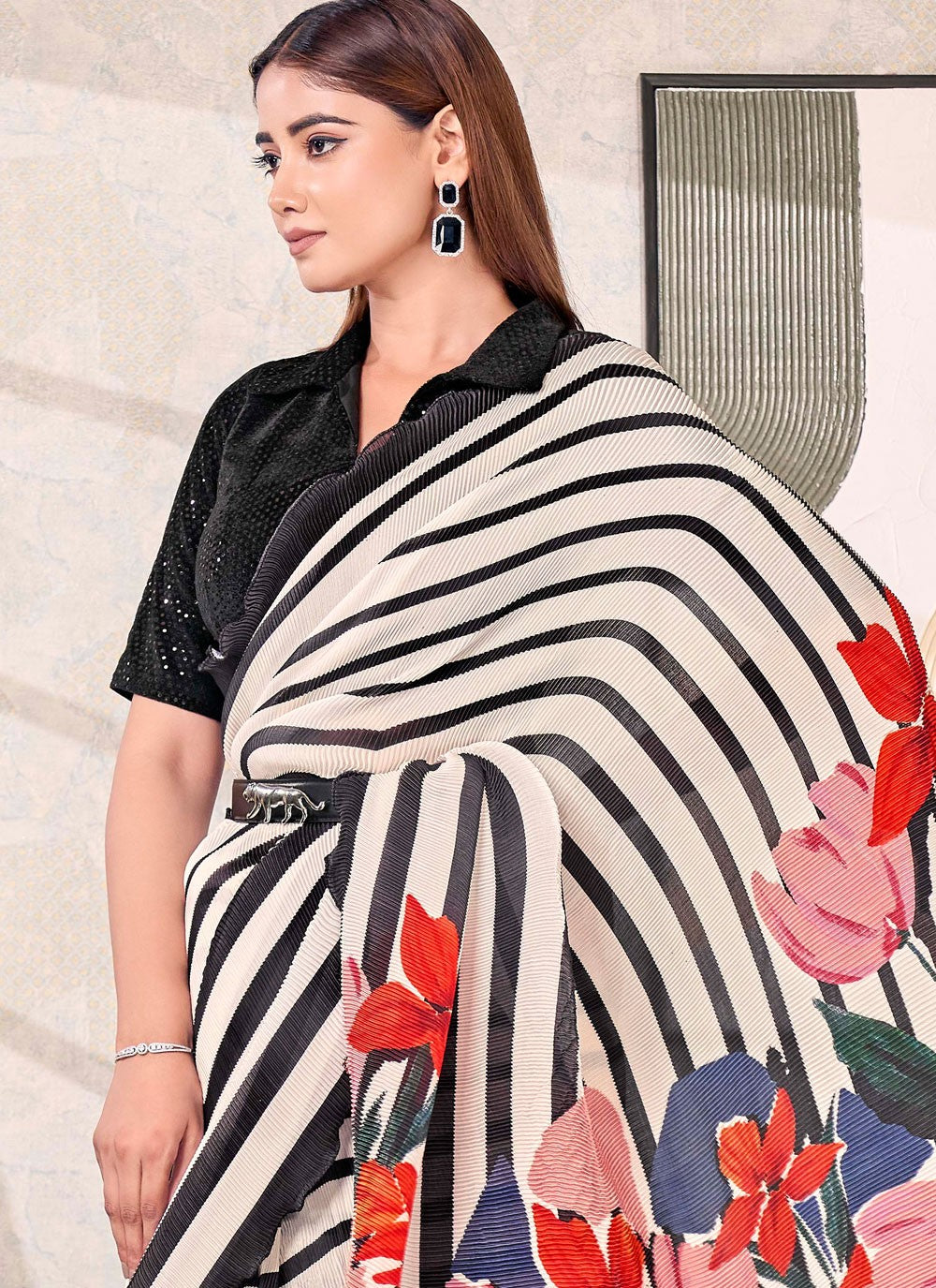 Black Satin Silk Classic Saree Abstract Print S19173