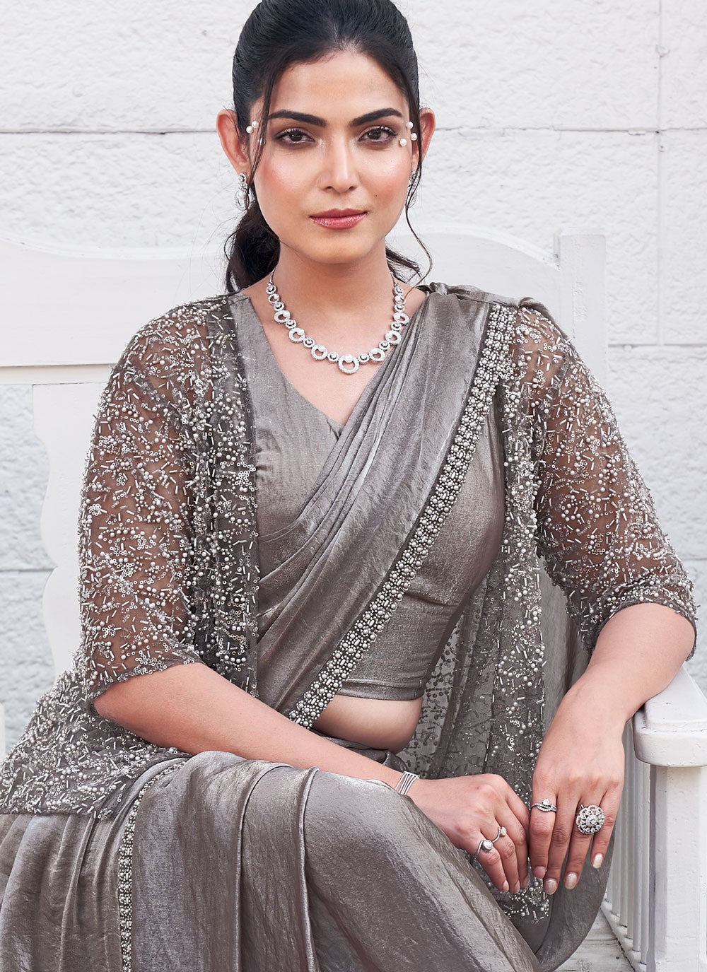 Classic Saree Beads Grey Satin Silk Saree S13376