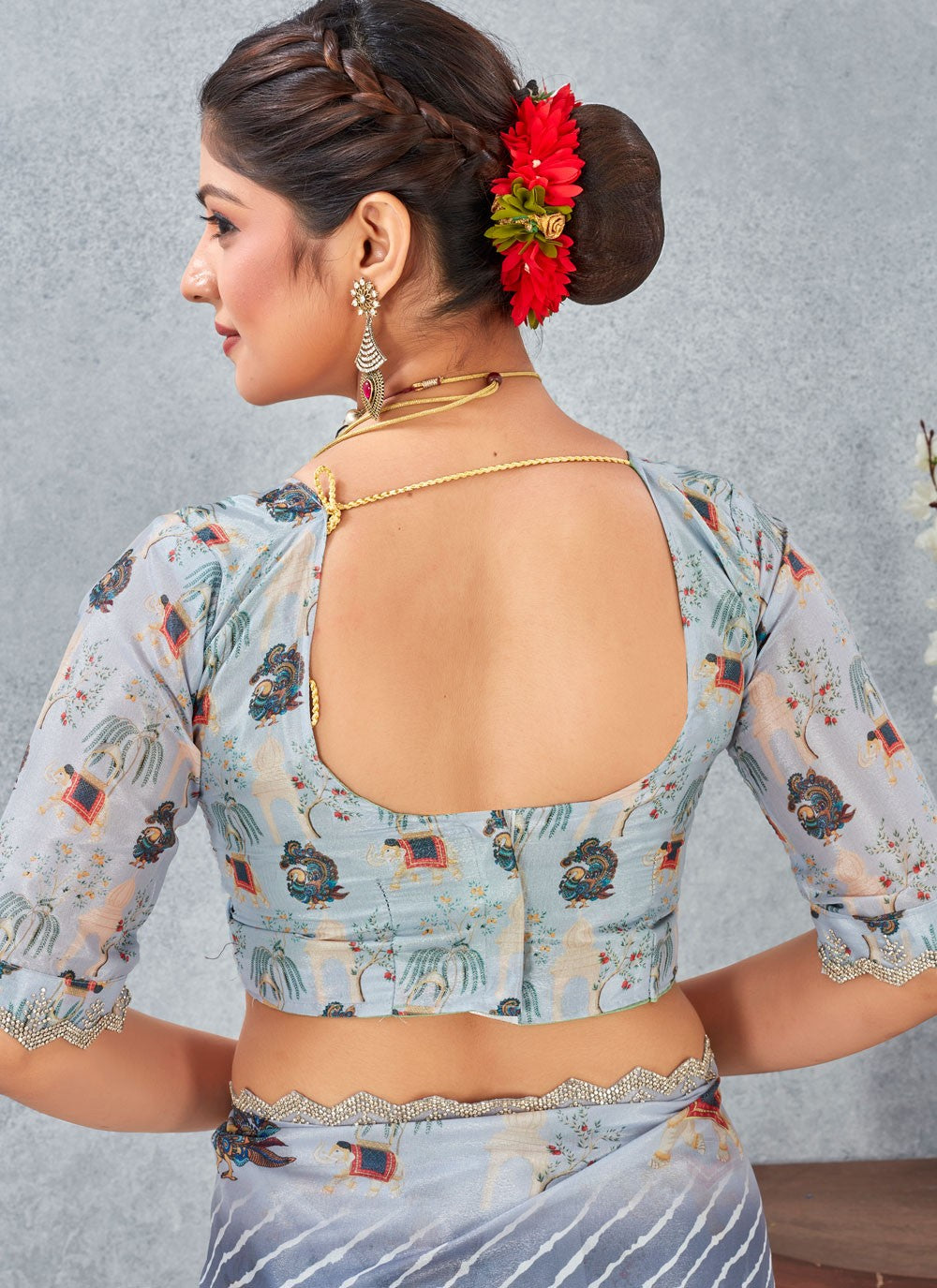 Grey Satin Silk Classic Saree Digital Print S20210