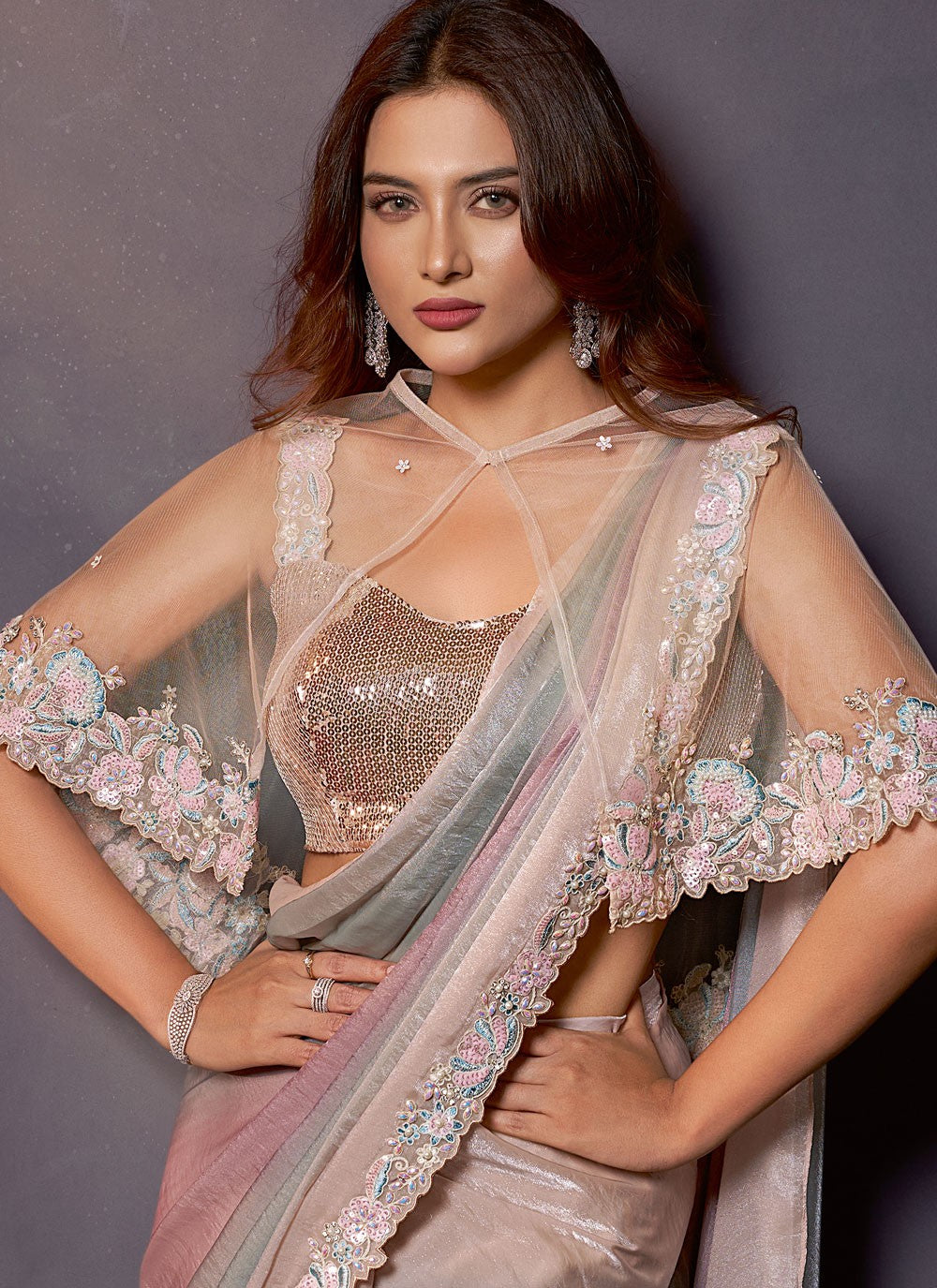 Multi Colour Satin Silk Classic Saree Embroidered, Sequins S20474