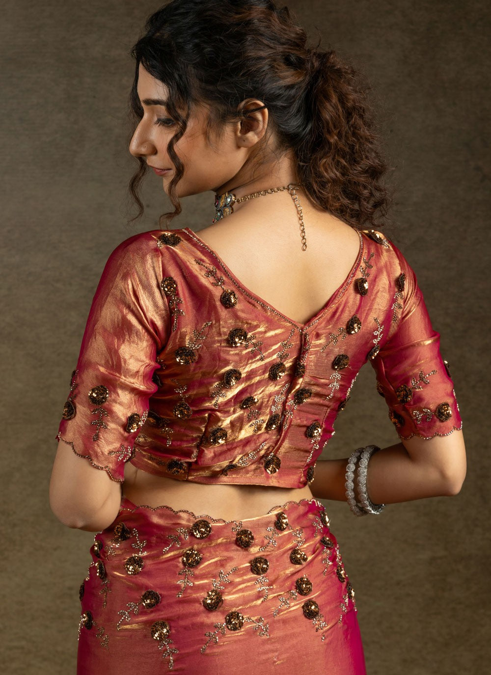 Sequins Satin Silk Hot Pink Saree S14823