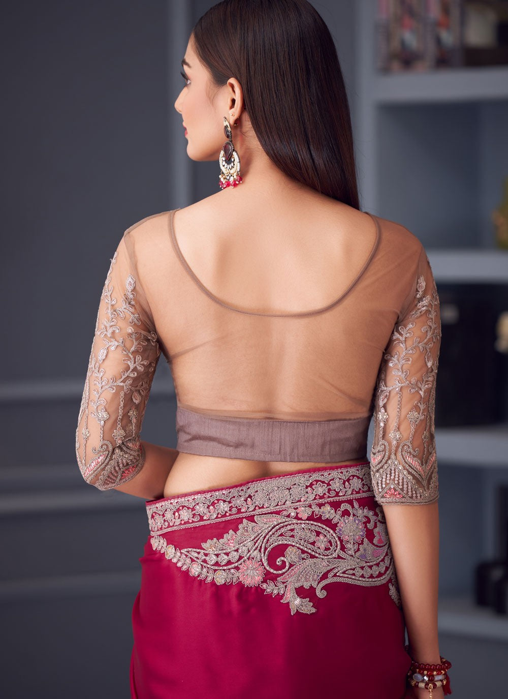Embroidered Satin Silk Hot Pink Saree S14590