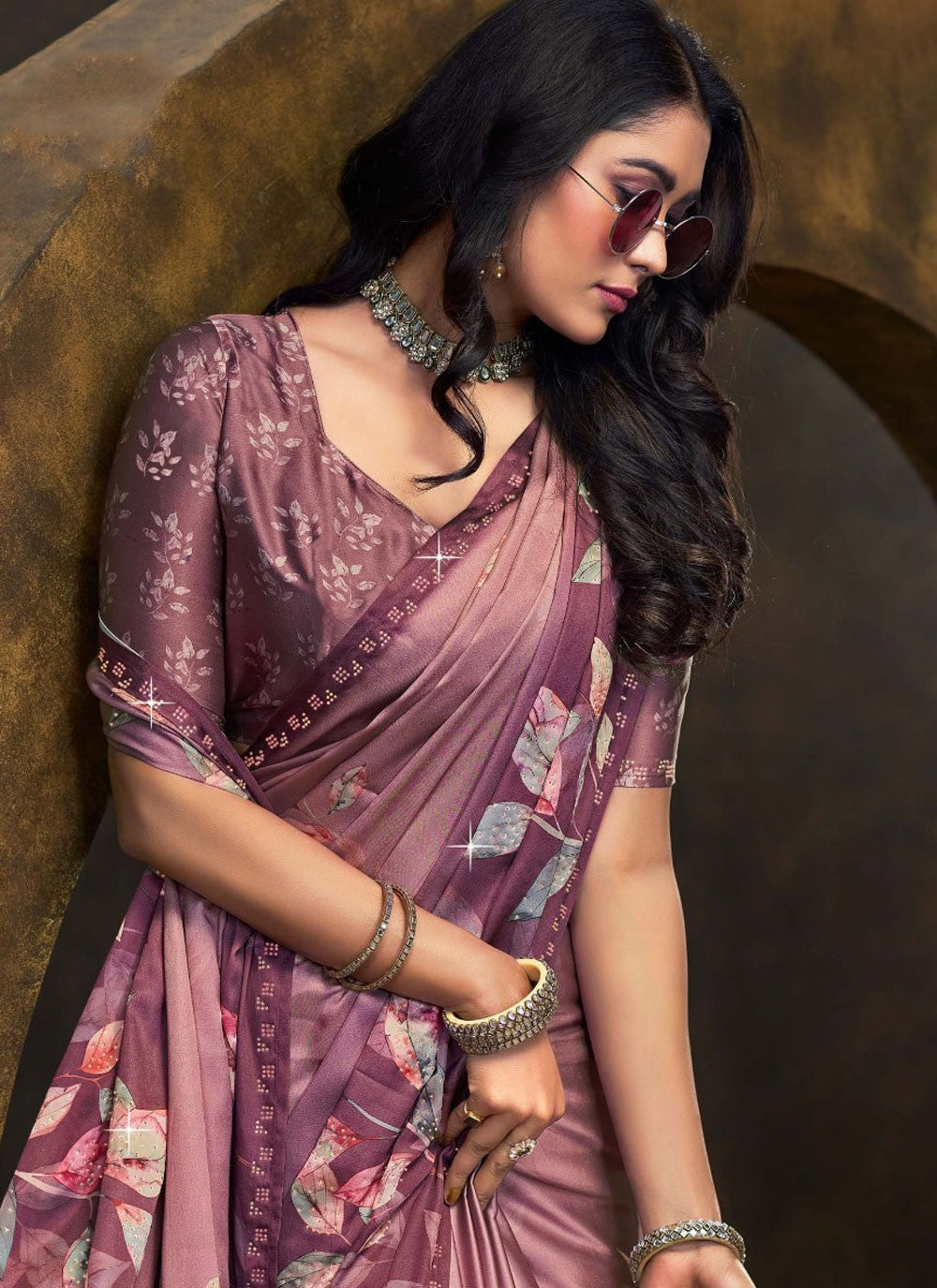 Contemporary Digital Print Purple Satin Silk Saree S13242