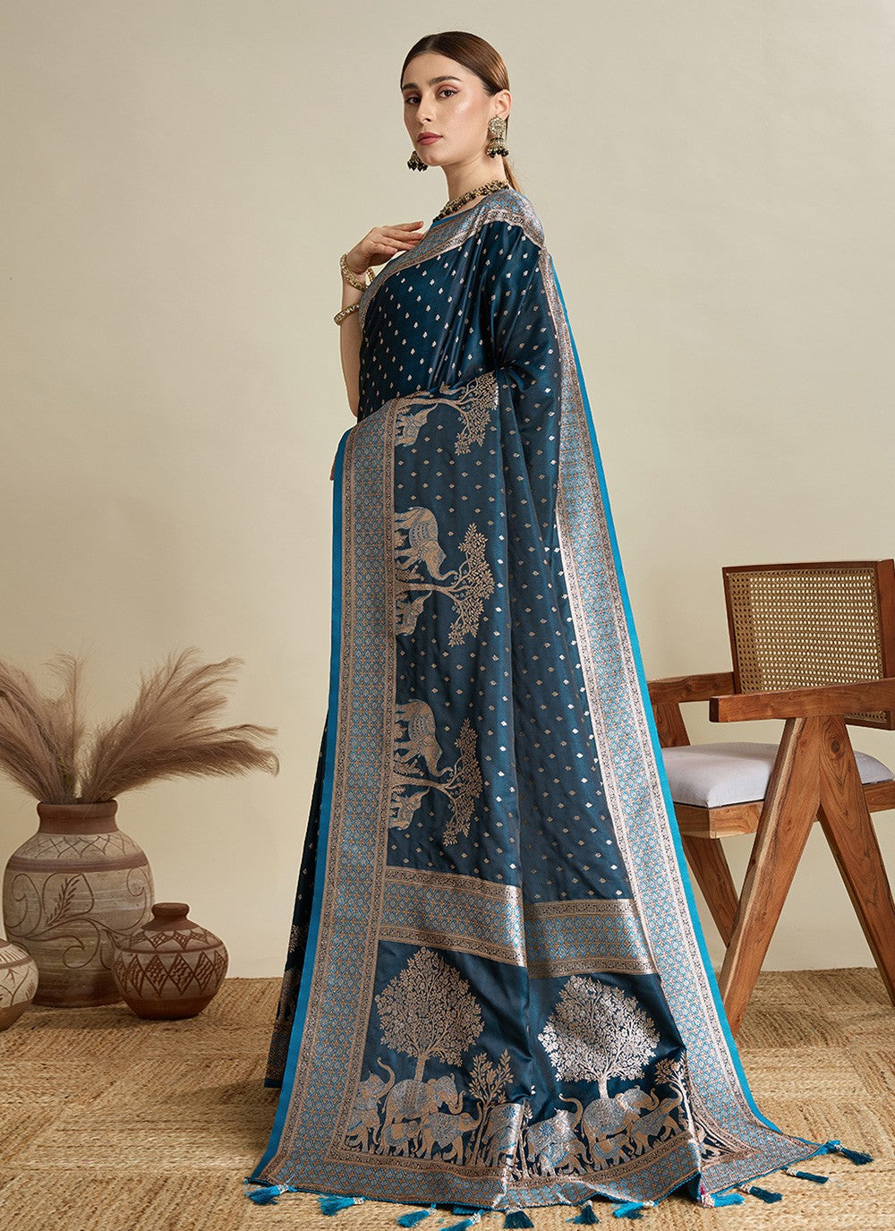 Teal Satin Silk Contemporary Saree Woven, Zari S16979