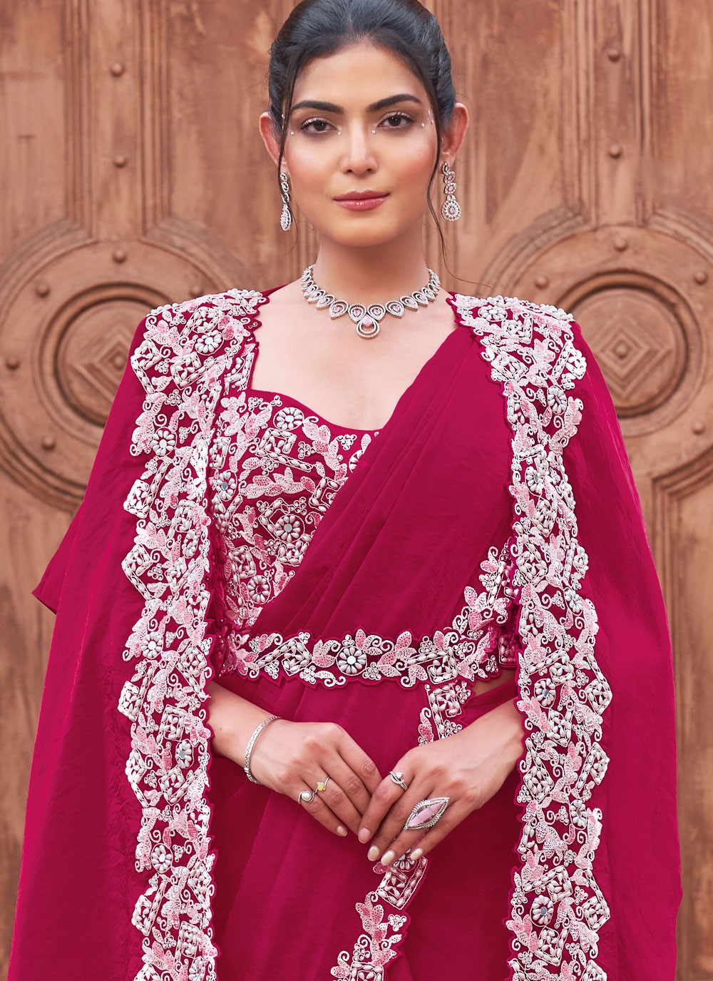 Moti Satin Silk Hot Pink Saree S14530