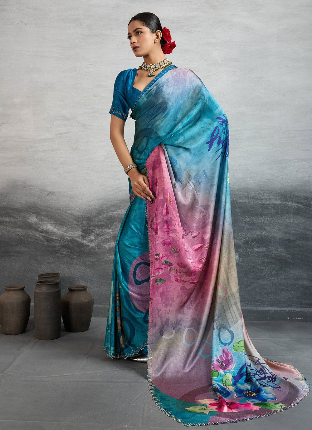Blue Satin Silk Trendy Saree Digital Print S18240