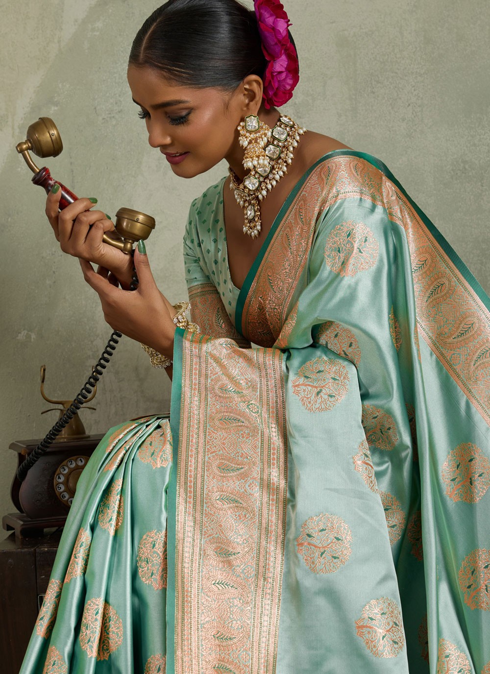 Turquoise Satin Silk Classic Saree Banarasi Jari, Border Work, Meenakari, Woven S19054