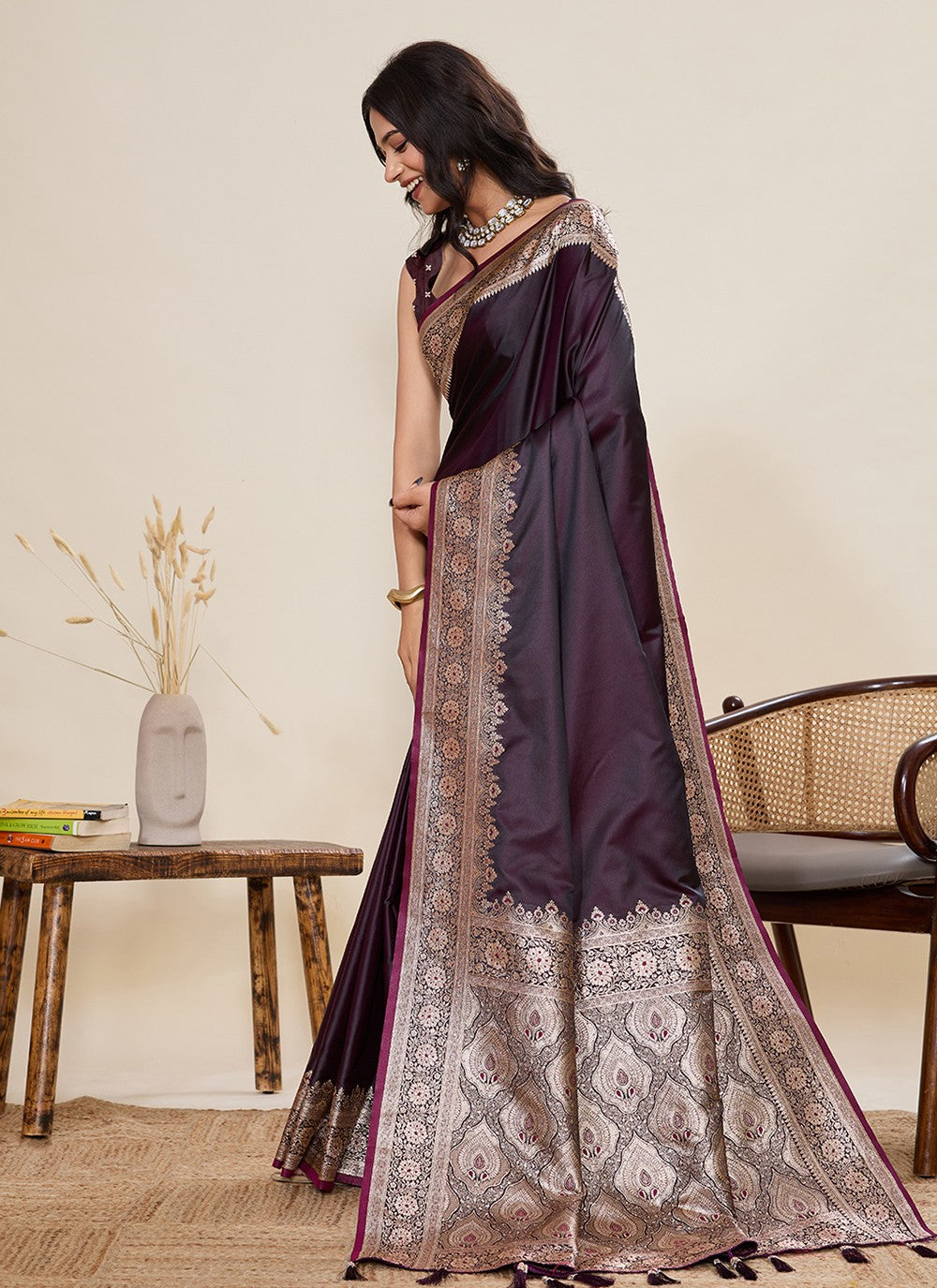 Wine Satin Silk Classic Saree Woven, Zari S19511