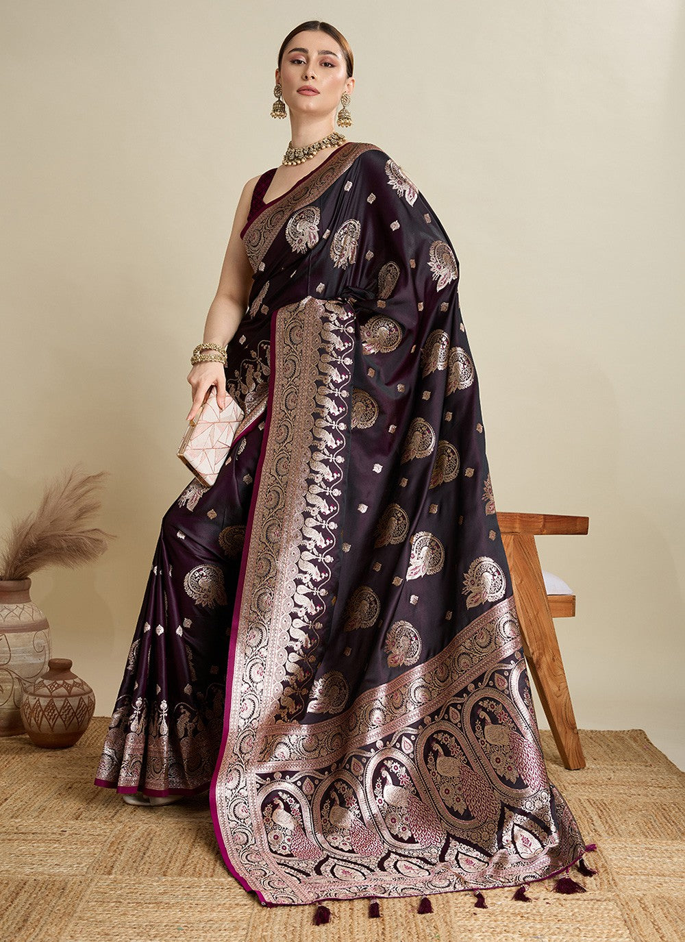 Wine Satin Silk Trendy Saree Woven S16819