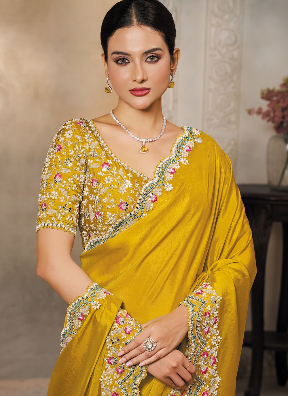 Yellow Satin Silk Traditional Saree Embroidered, Sequins S20452