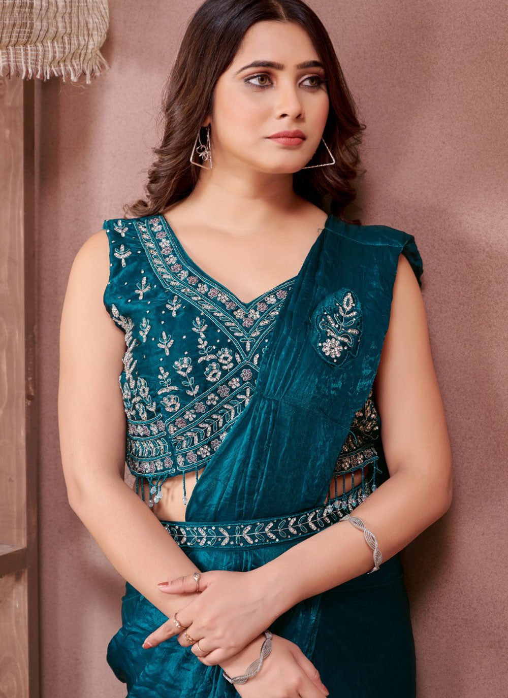 Trendy Saree Plain Teal Satin Saree S13000