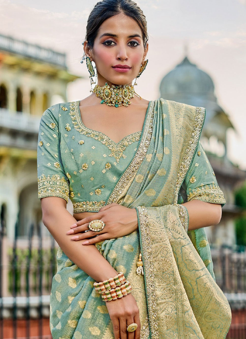 Sea Green Tissue Traditional Saree Beads S19775