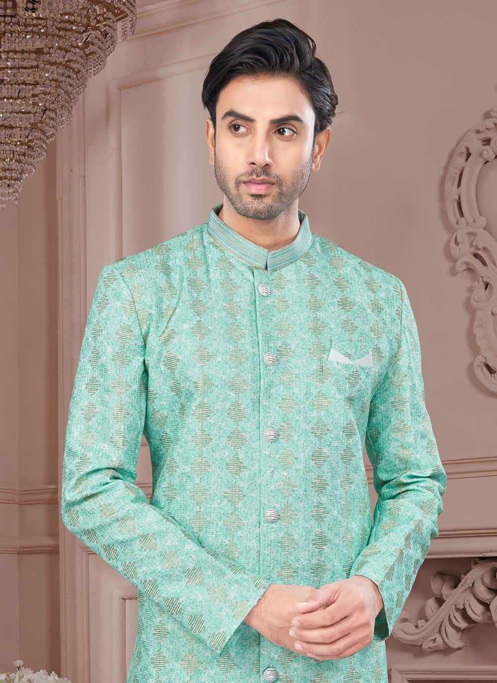 Digital Print Imported, Silk Sea Green Indo Western Sherwani - M8622