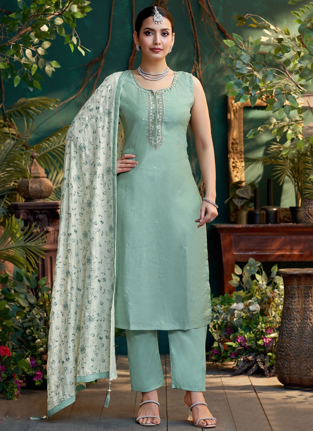 Pant Style Suit Embroidered Sea Green T8115