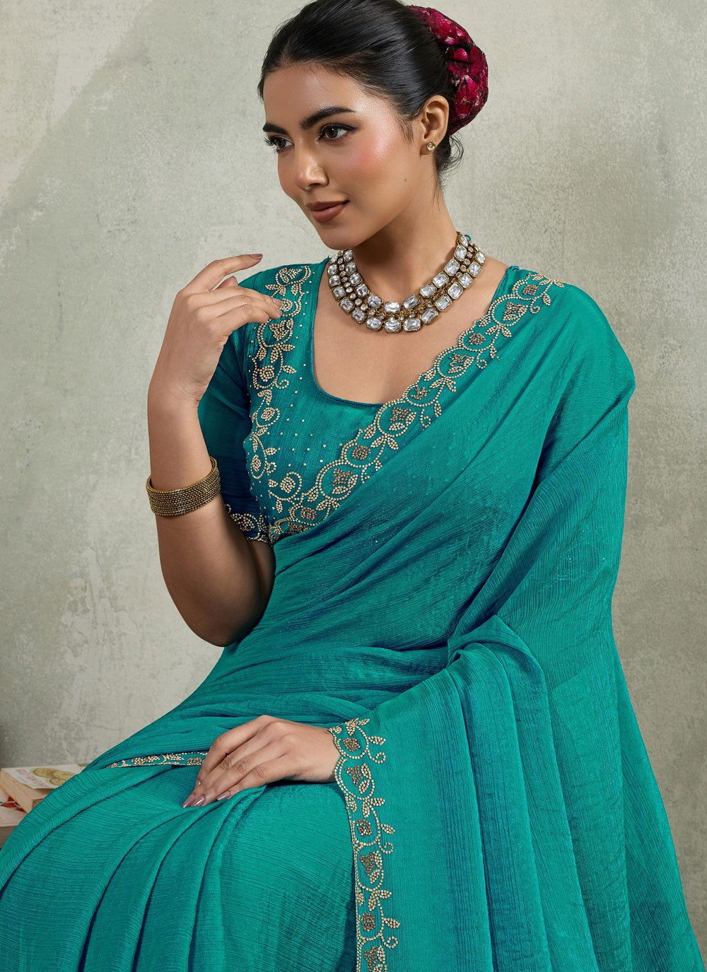 Sea Green Chiffon Contemporary Saree Border Work, Lace, Zircon S19544