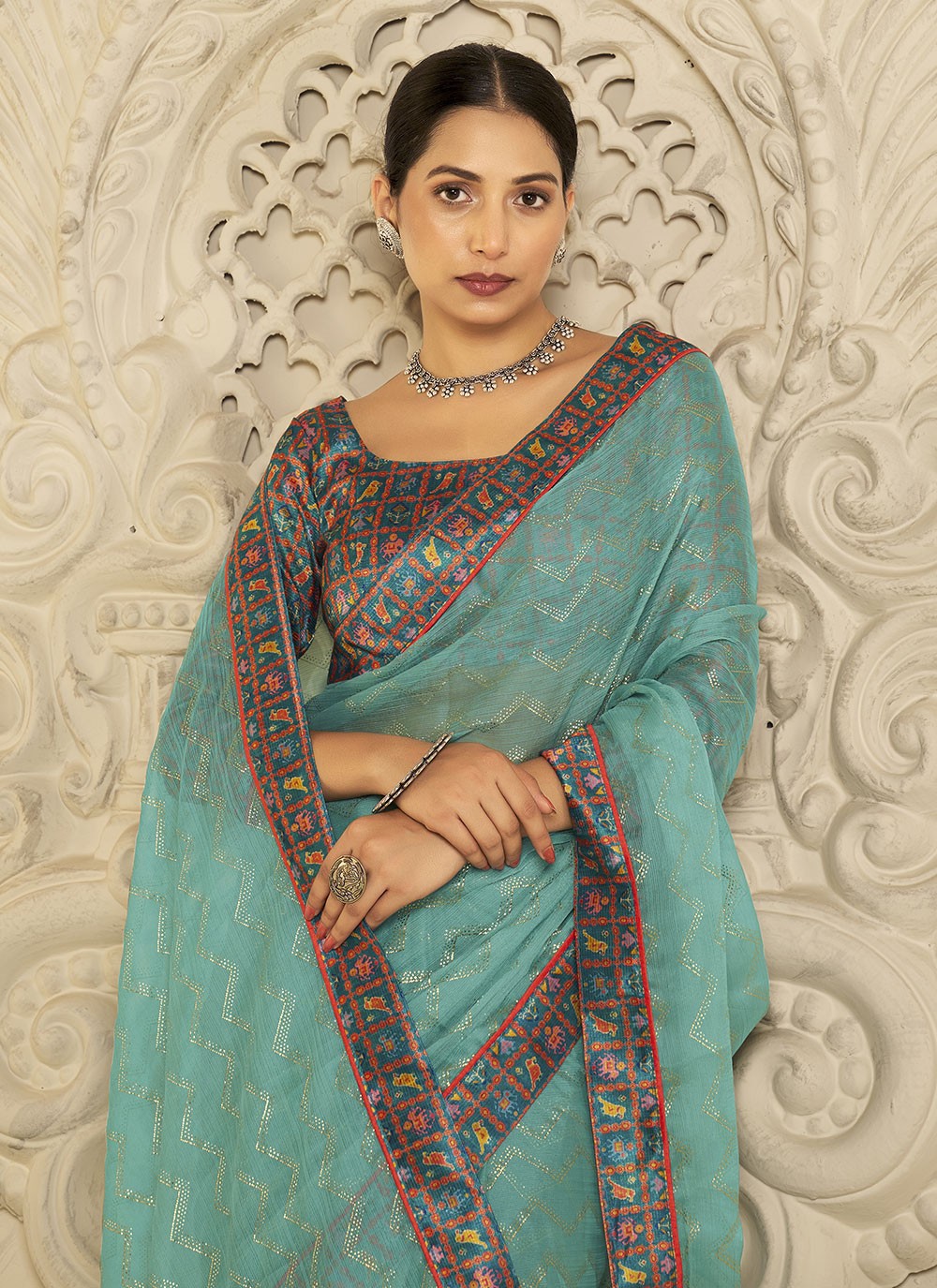 Foliage Prints Chiffon Sea Green Contemporary Saree S15274
