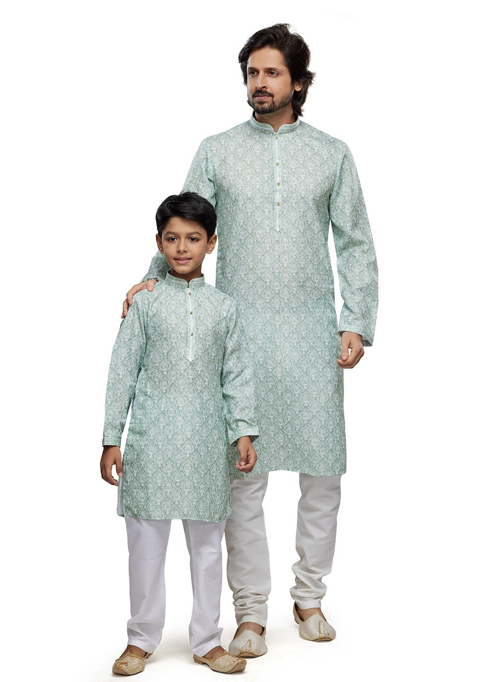 Digital Print Cotton Sea Green Men's & Kids Combo - M6816
