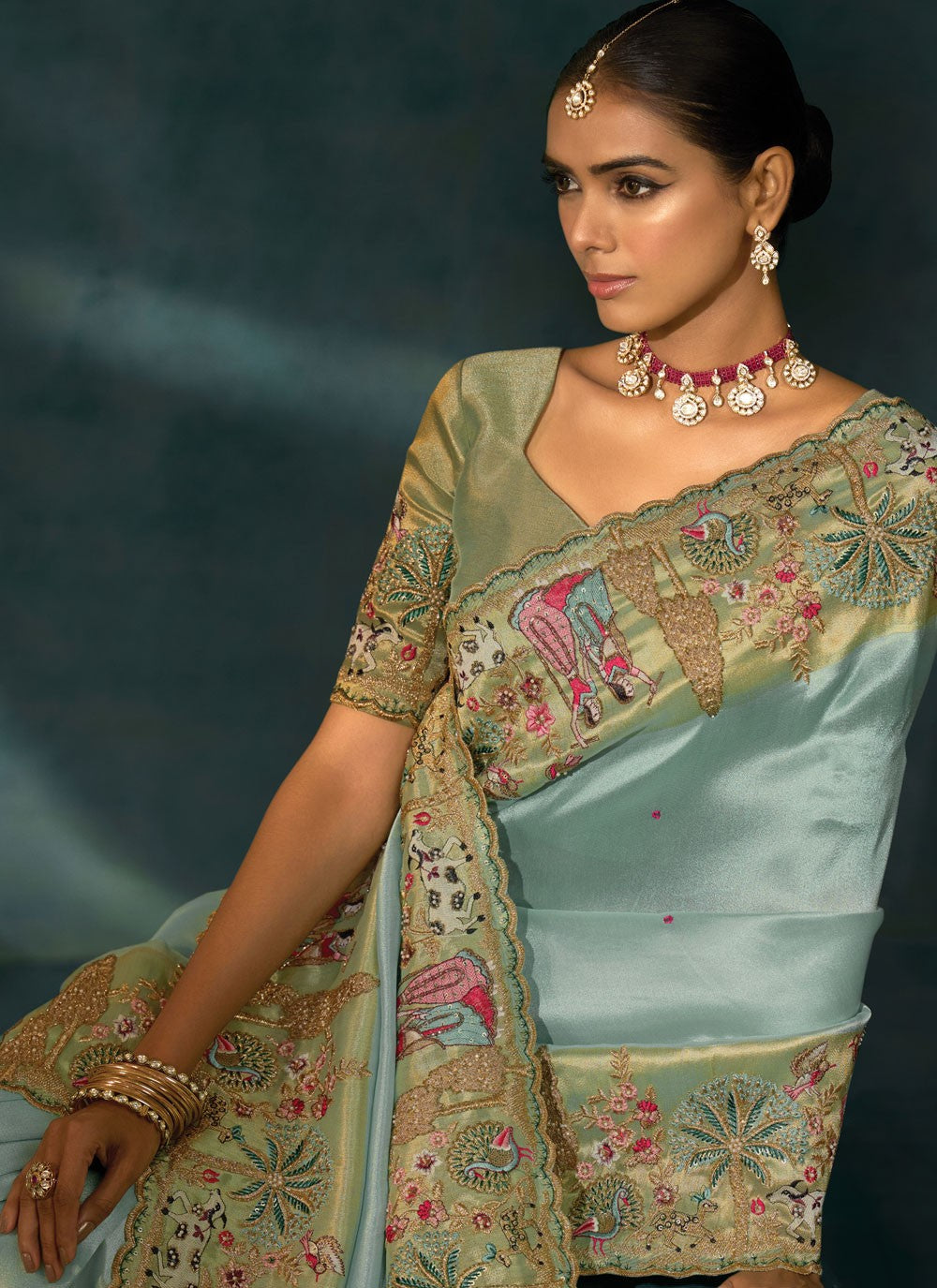 Sea Green Silk Contemporary Saree Cutdana, Embroidered, Mirror, Moti, Thread, Zari S19711