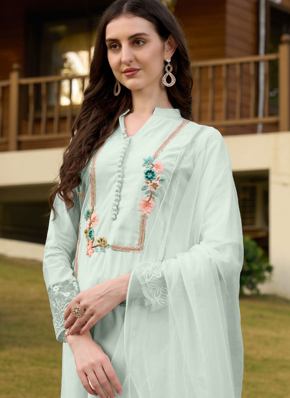 Pant Style Suit Embroidered Sea Green Silk T5346