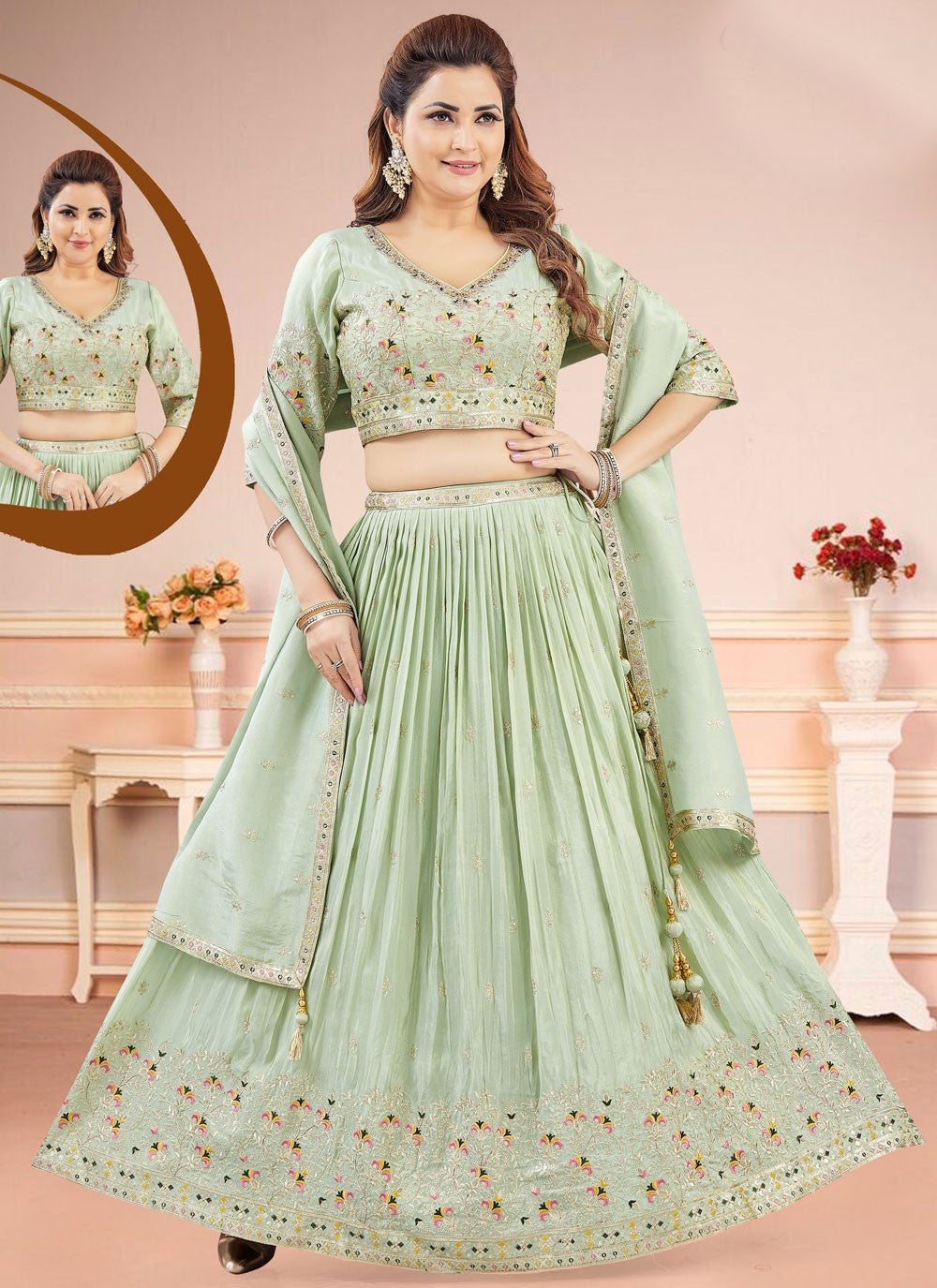 Embroidered Silk Sea Green Lehenga Choli L3460