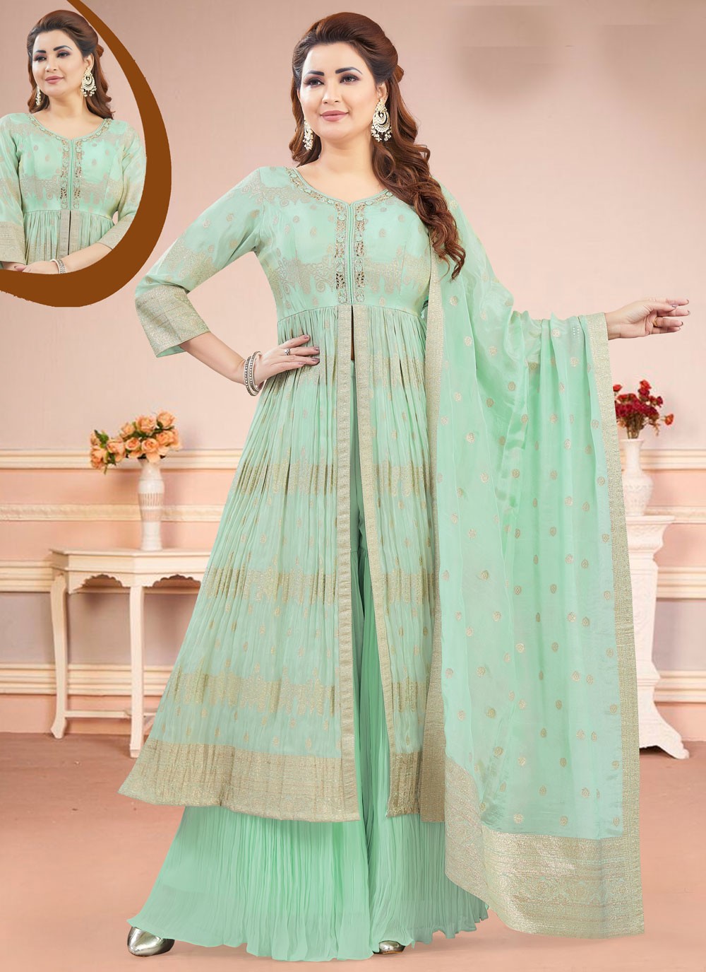 Salwar Suit Embroidered Sea Green Silk T5821