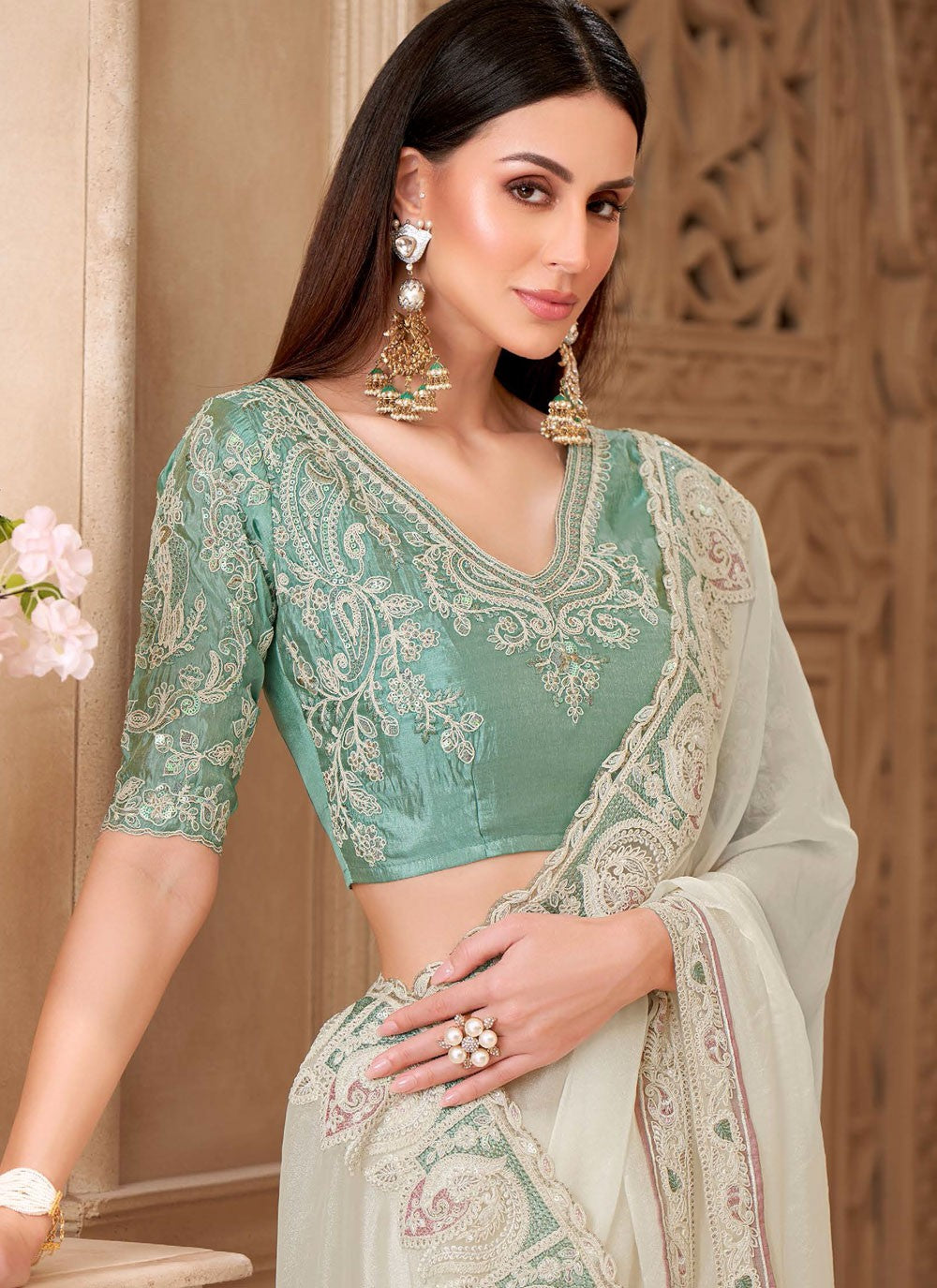 Sea Green Georgette Traditional Saree Border Work, Embroidered S19783