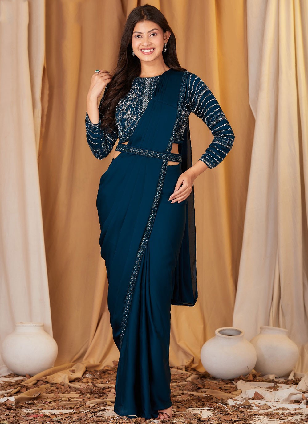 Trendy Saree Embroidered Sea Green Chinon Saree S12951