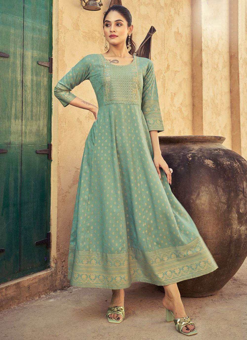 Embroidered Rayon Sea Green Gown G19840
