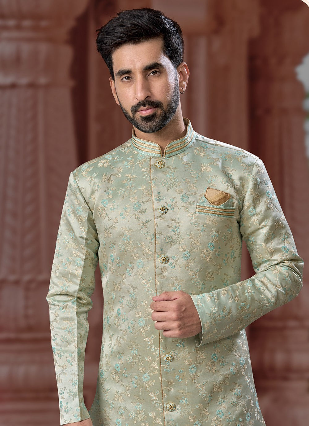 Fancy Work Jacquard Sea Green Indo Western Sherwani - M7170