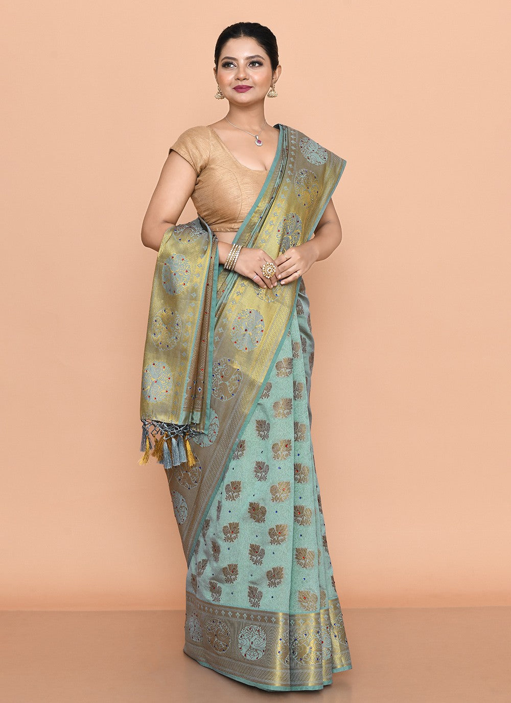 Classic Saree Hand Embroidery Sea Green Kanjivaram Silk Saree S13102
