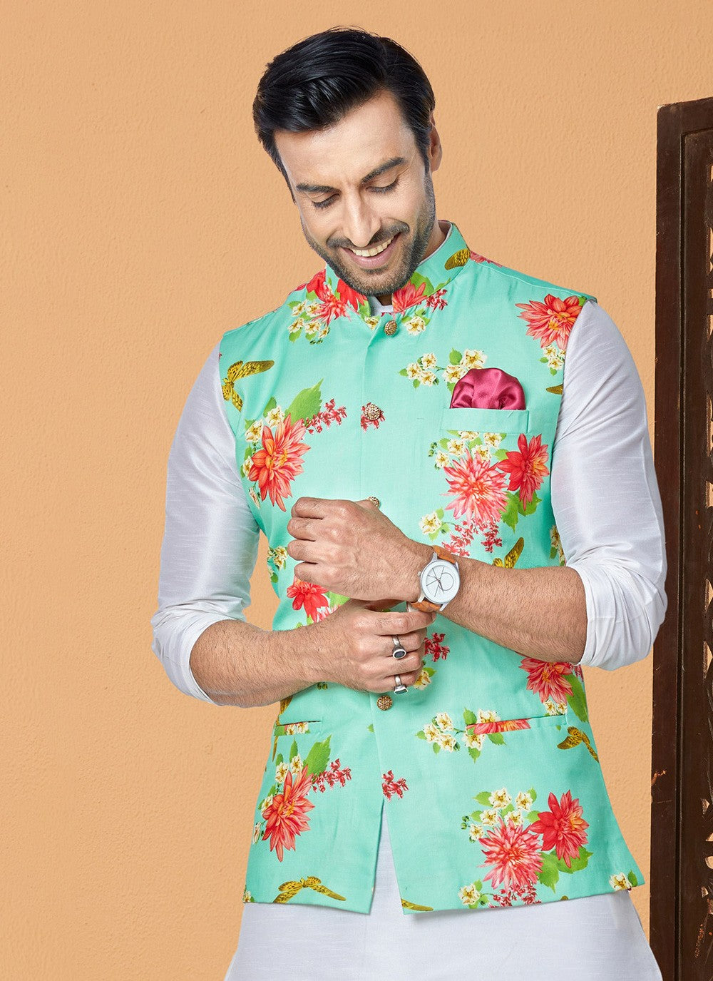 Digital Print Cotton Sea Green Nehru Jackets - M7403