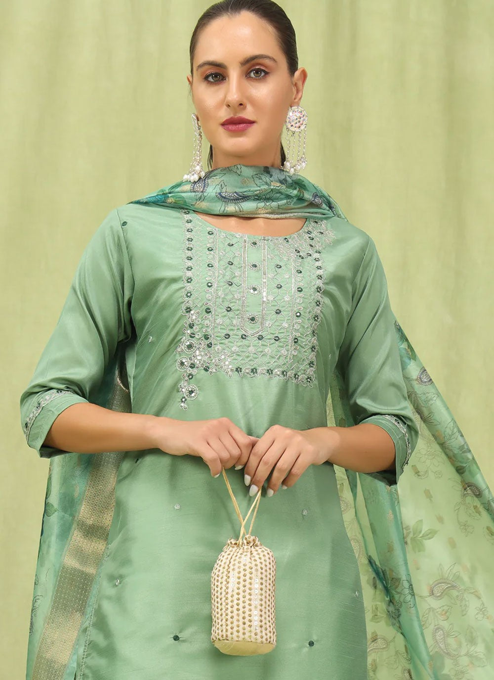 Embroidered Silk Blend Sea Green Pant Style Suit T6249