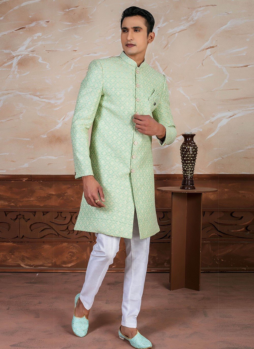 Embroidered Silk Sea Green Indo Western - M8338