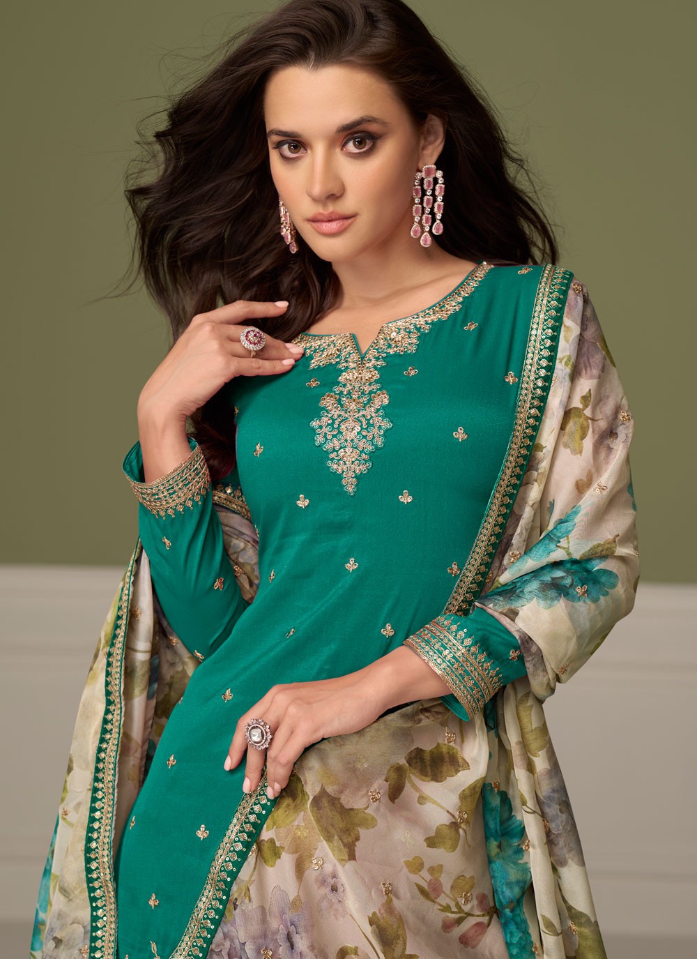 Palazzo Suit Embroidered Sea Green T8548