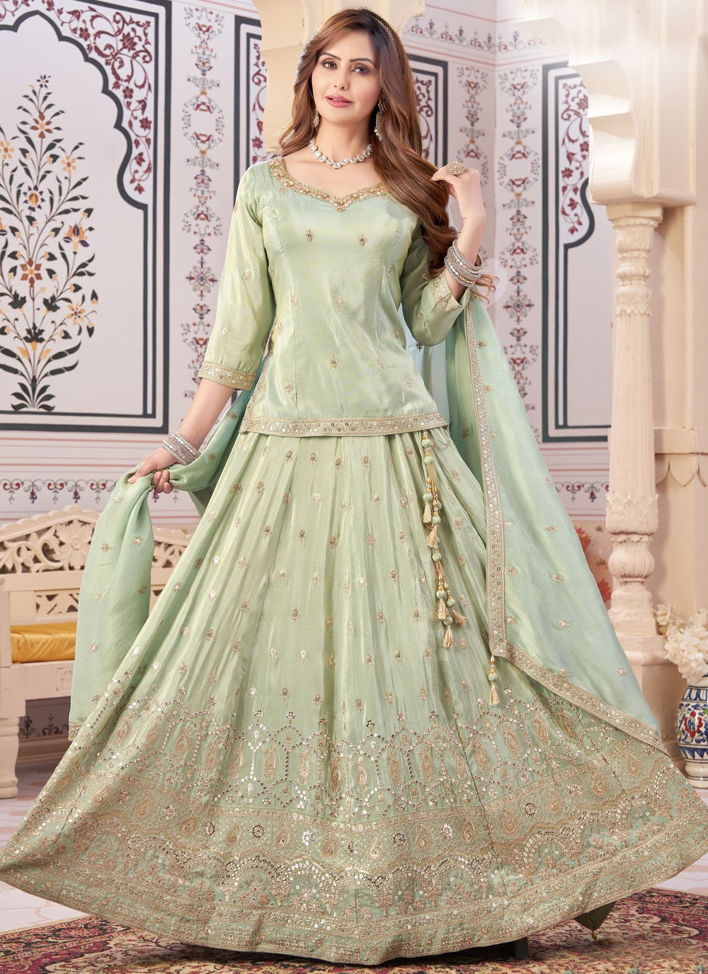 Embroidered Silk Sea Green Lehenga Choli L3459