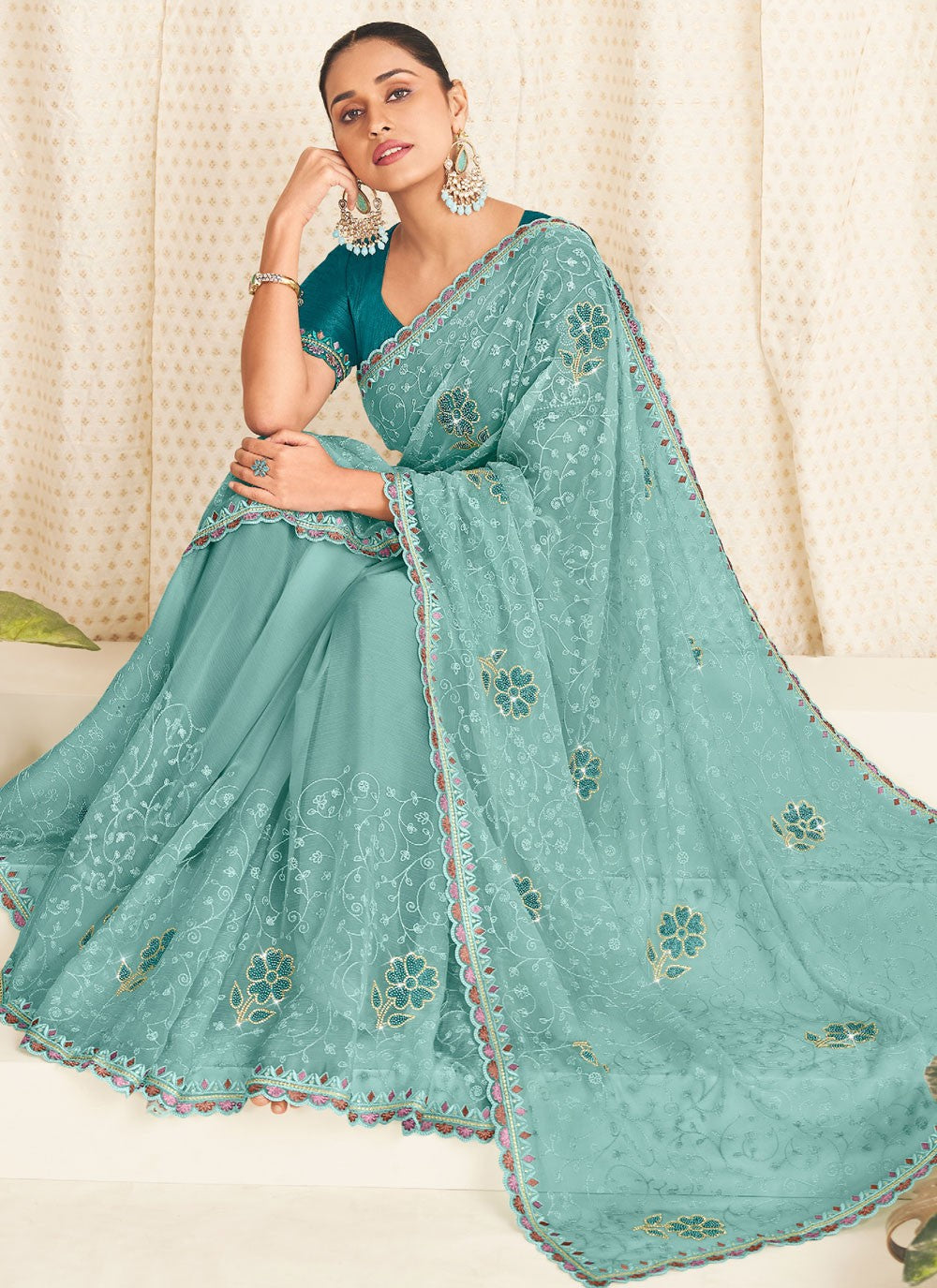 Sea Green Silk Trendy Saree Embroidered S19921