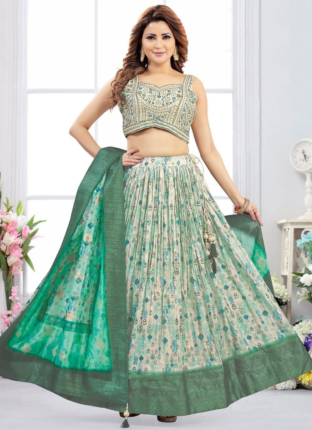 Printed Silk Sea Green Lehenga Choli L3481